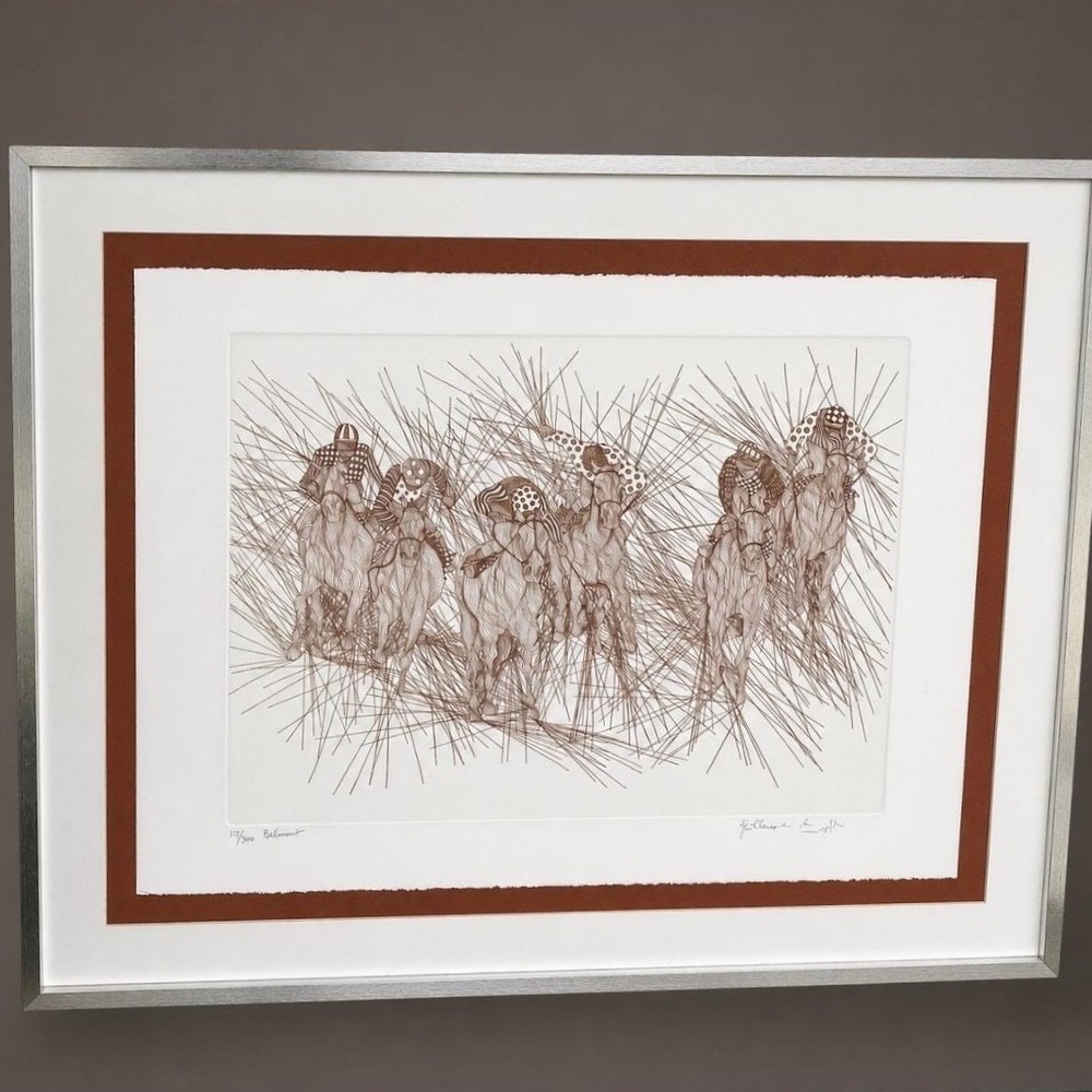 Guillaume Azoulay Belmont Horse Racing Signed Art Print 1983 Blind Stamp Large‎